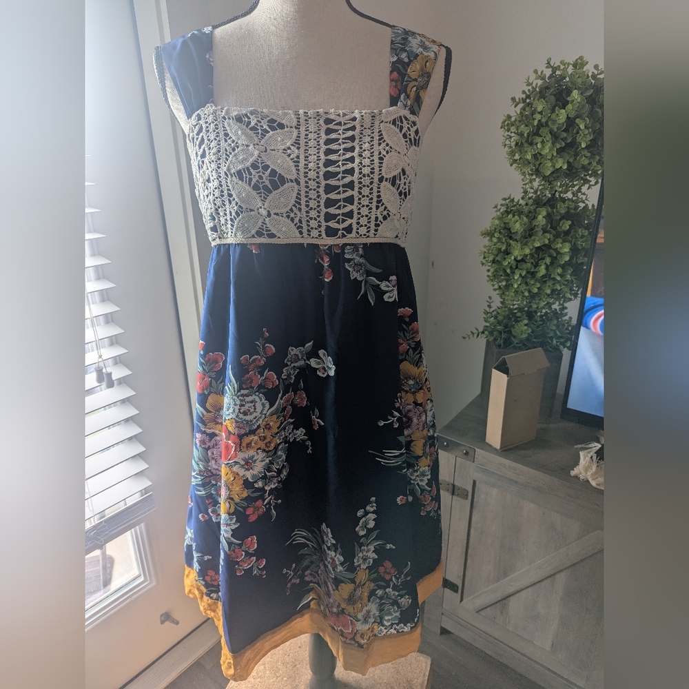 Nick & Mo Floral Lace Midi Dress - Navy and Yellow